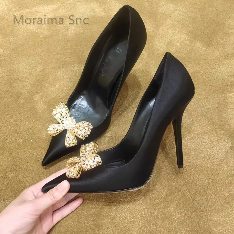 Rhinestone Bow Buckle Black Satin High Heels Female Stiletto Temperament Sexy Pointed Toe Women's Pumps Shallow Single Shoes