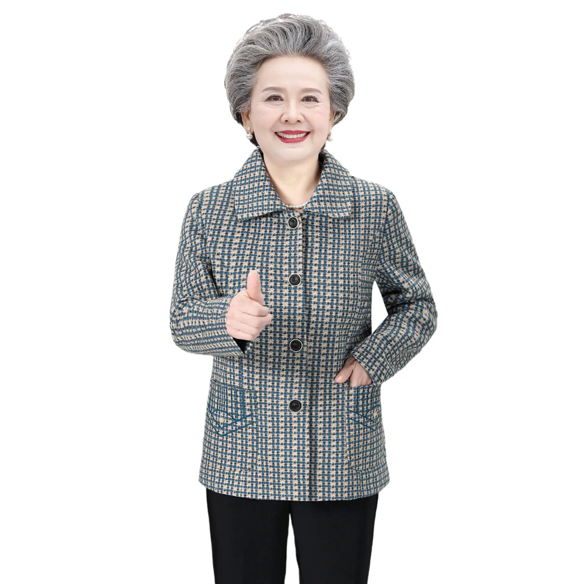 

Seniors citizens fashion Elderly Women red wine Plaid coats Thin ladies winter jackets long Sleeve autumn old aged Women's Tops