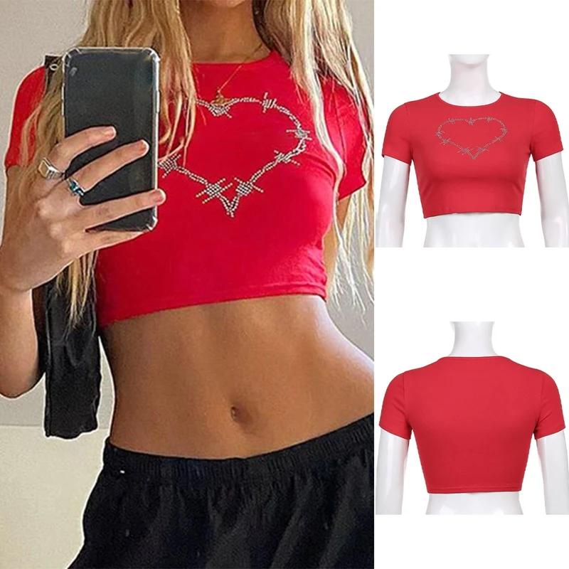 

Red Tee Rhinestone Heart Cute Kawaii Graphic Tees Short Sleeve Women T Shirts Summer Harajuku