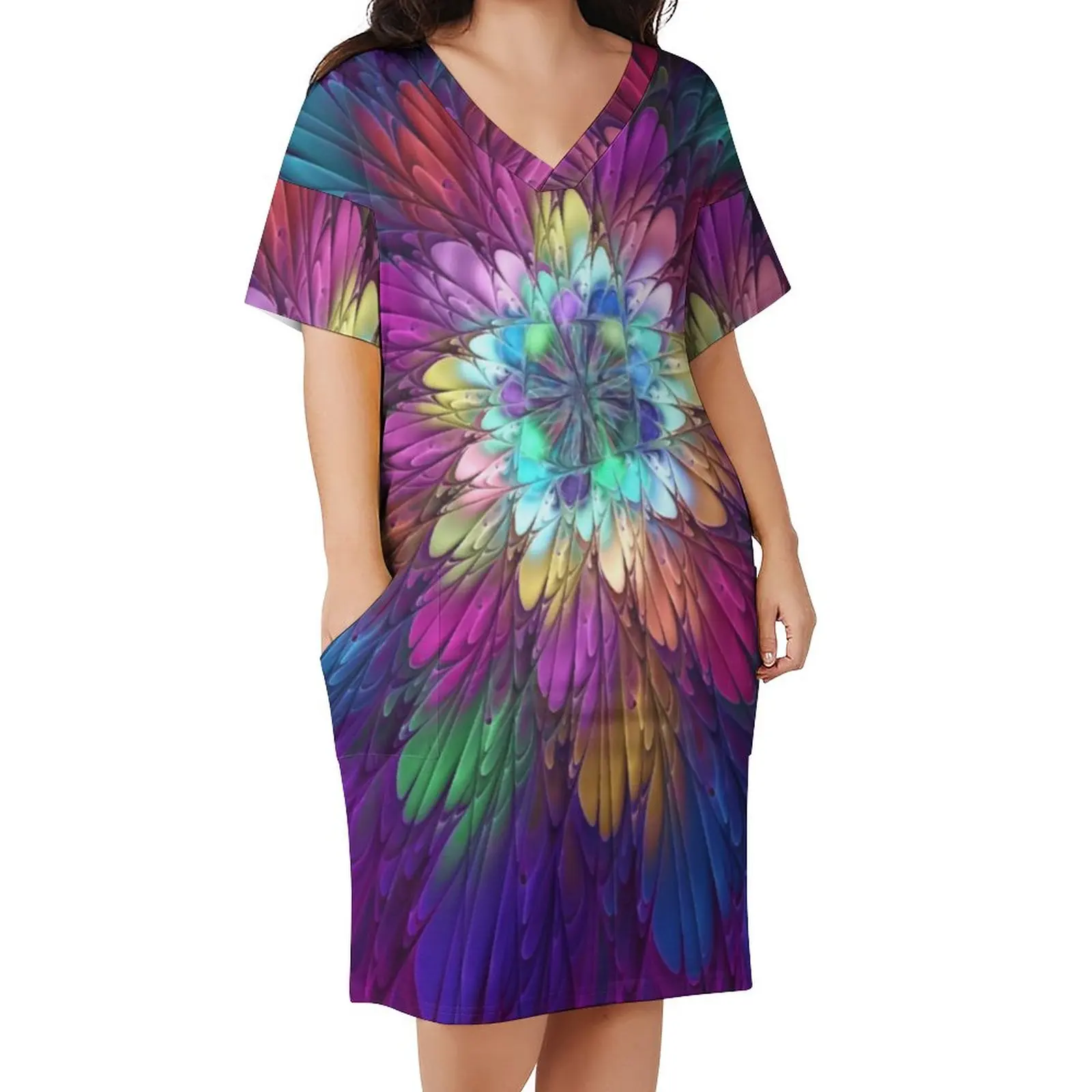 

Colorful Psychedelic Flower Dress Short Sleeve Abstract Fractal Art Street Style Dresses Vintage Casual Dress Print Plus Size