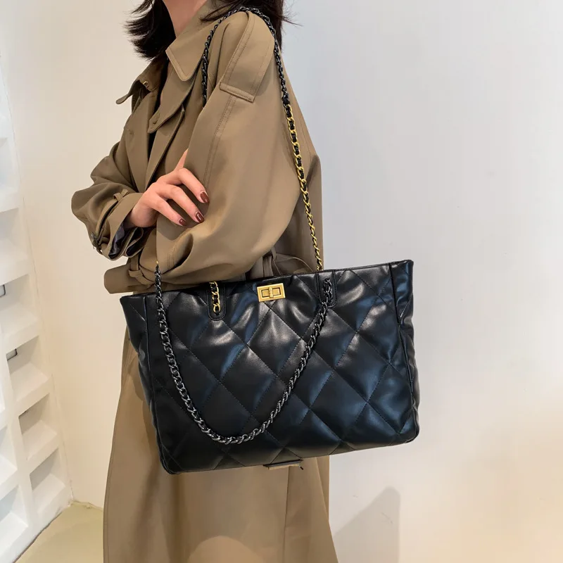 

2126 Pu Leather Tote Bag Large Capacity Women Handbag 2022 Autumn Winter Rhombus Chain Tote Shoulder Messenger Bag for Ladies