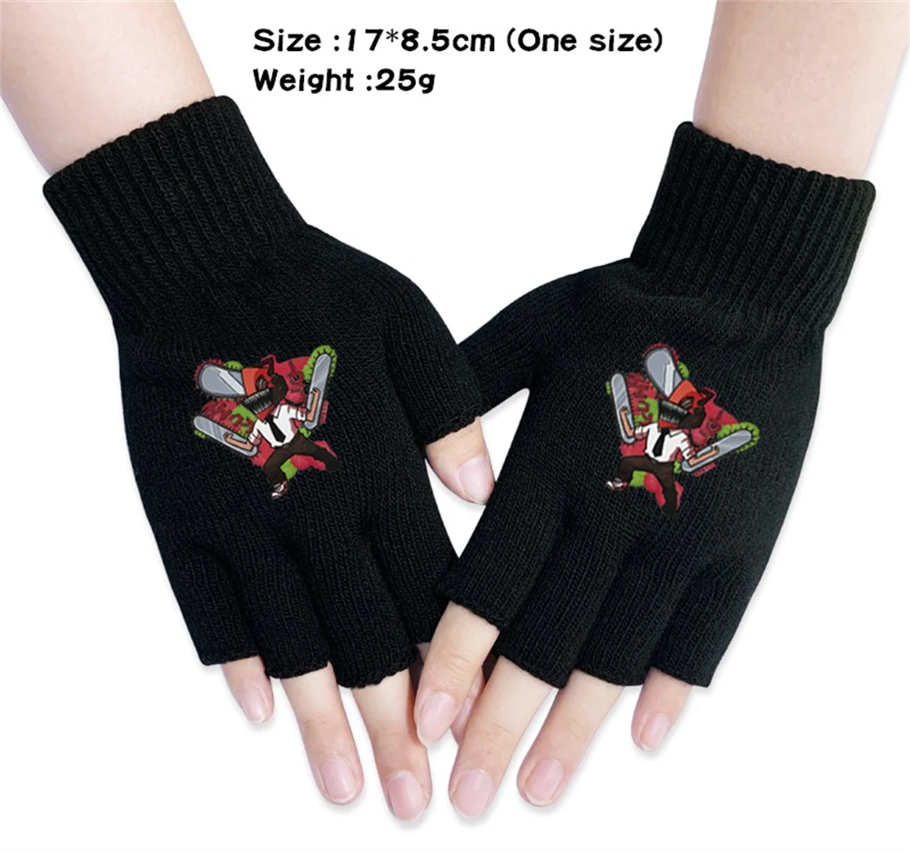 

Anime Chainsaw Man Knitted Half Finger Cartoon Printing Gloves Boys Girls Autumn Winter Warm Black Fashion Mittens Gifts Otaku