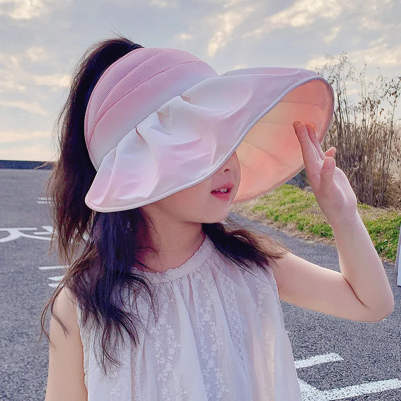 

Children Sun Visor Cap for Girls Spring Summer UPF 50+ 2023 New Kids Aged 3-10 Gradient Color Shells Ponytail Empty Top Hat