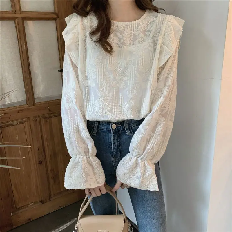 French Sweet White Lace Shirts Women New Spring Fairycore Ruffles Round Neck Flared Sleeves Blouses Tops Female
