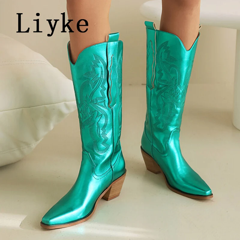 

Liyke Size 35-43 Western Cowboy Knee High Boots Women Fashion Embroidery Leather Square Toe Low Hoof Heels Shoes Party Booties