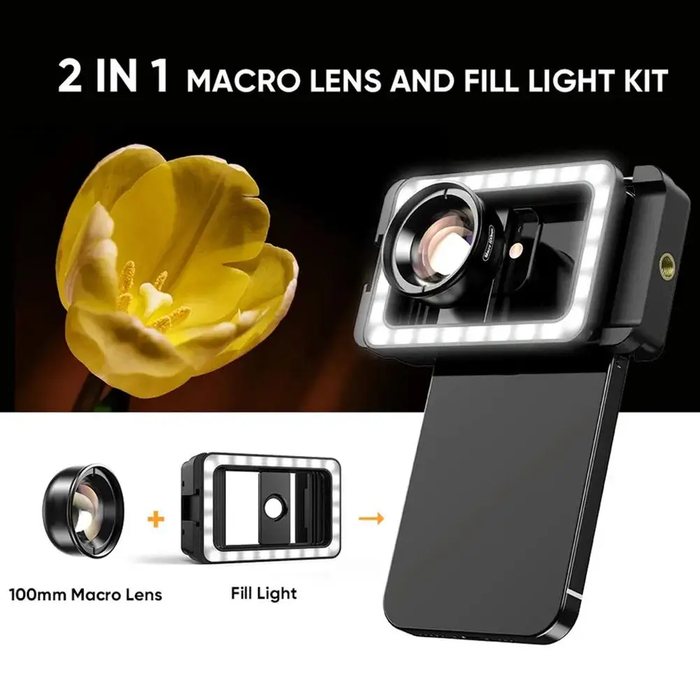 

APEXEL New Upgrated 4k HD 100mm Macro Lens With LED Fill Light Universal Clamp Micro Lenses For IPhone Samsung All Smartpho Q4S5