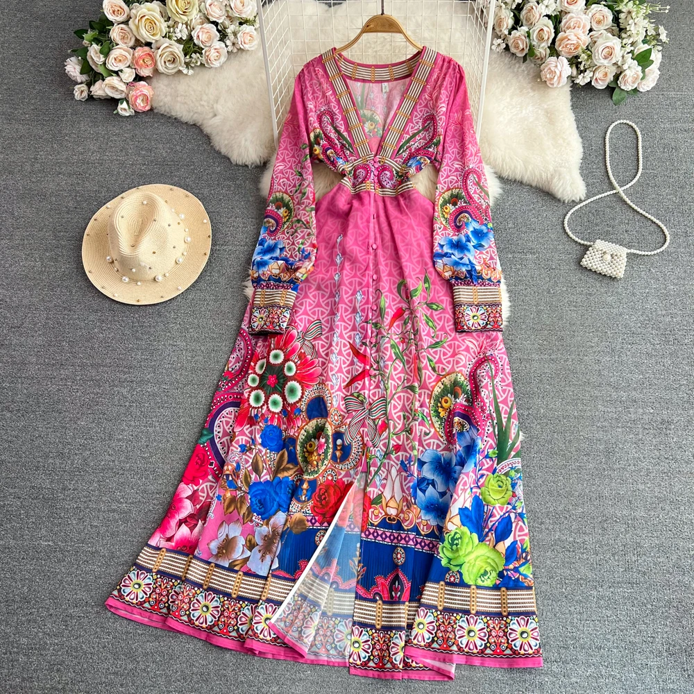 

Весеннее однобортное платье-трапеция в стиле ретро с глубоким V-образным вырезом и принтом в европейском и американском стиле