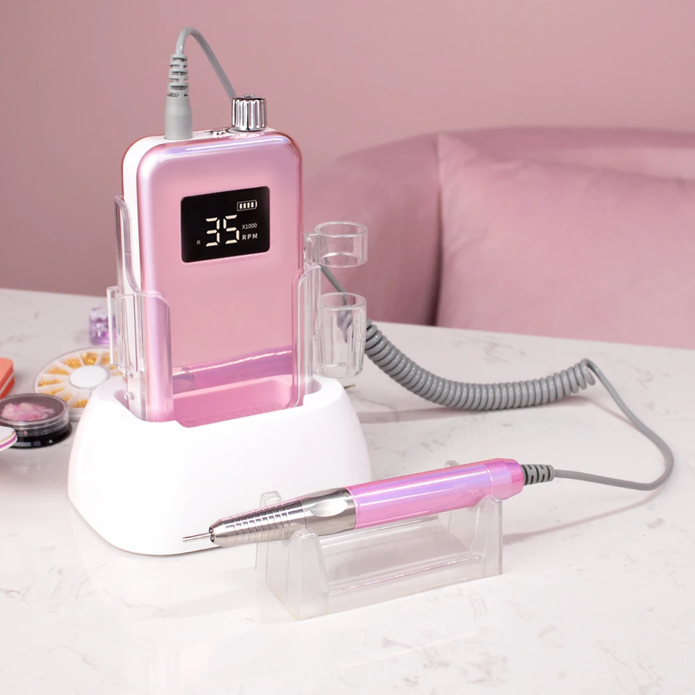 35000RPM Brushless Small Display Gradient Pink Portable Desktop Base Electric Nail Drill Cordless Polisher Manicure Rechargeable