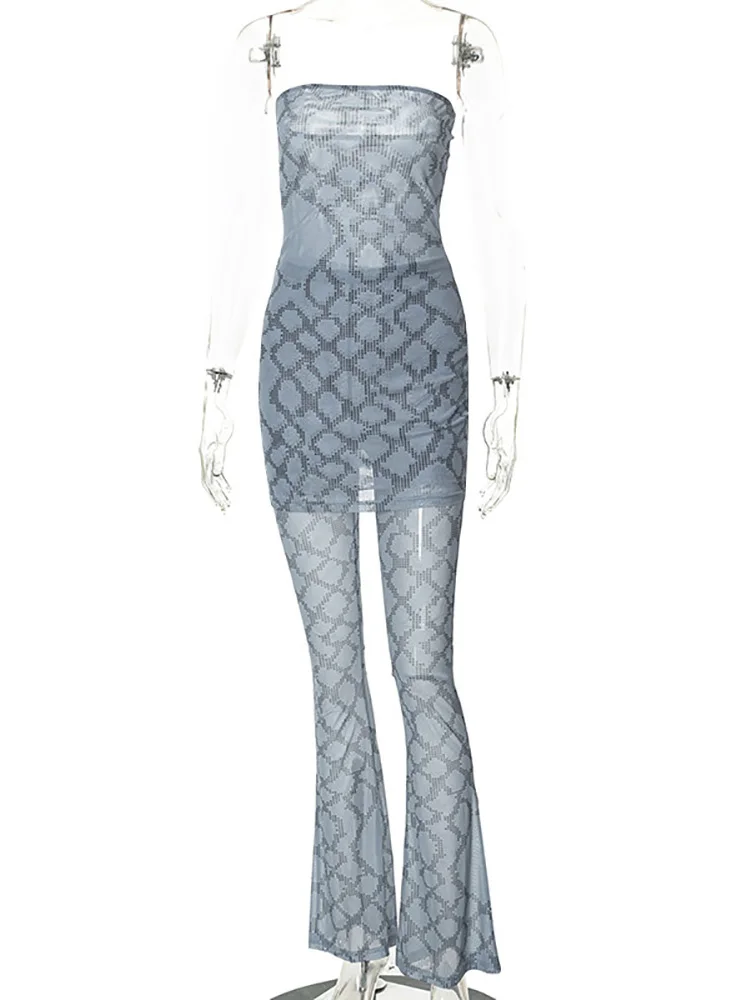 ALLNeon Cyber Y2K Aesthetics Snake Print Mesh 2 Piece Co-ord Sets Sexy Clubwear Transparent Long Tube Tops and Flare Pants Suits images - 6