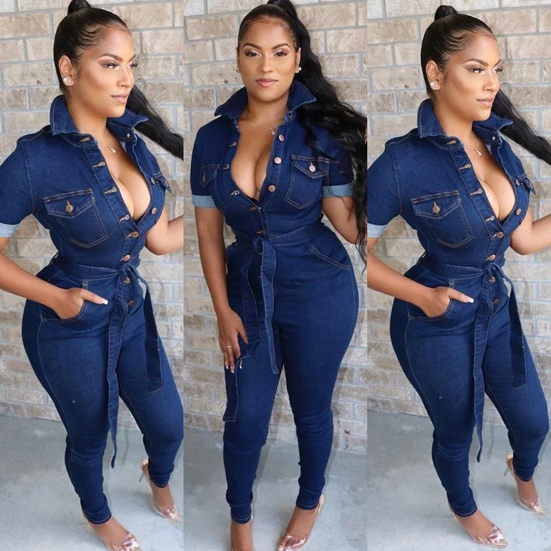 

Casual Sexy Denim Jumpsuits 2021 Fashion Summer Single-breasted Pockets Slim Female Bodysuits Lapel Sashes Overalls for Women