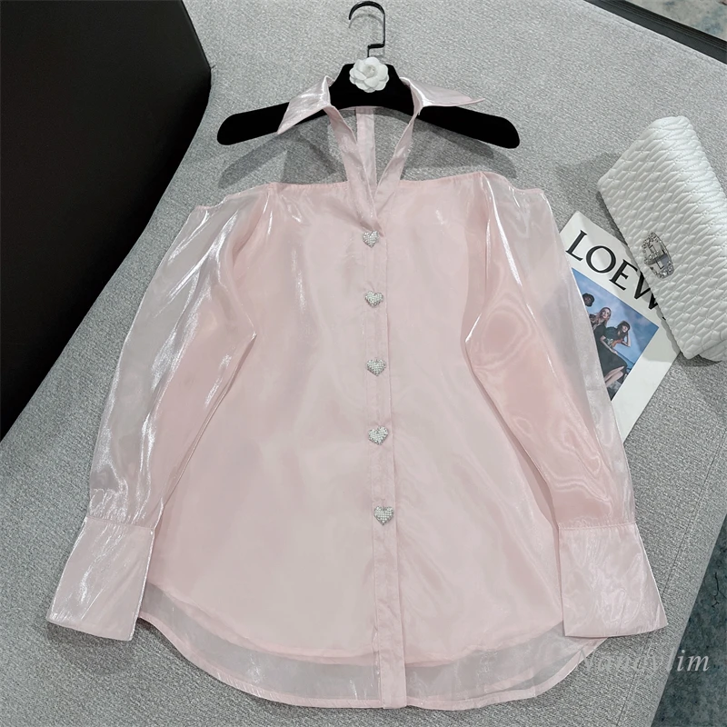 

2022 Early Autumn Organza Shirt Women New Sweet Heart-Shaped Rhinestone Buckle Sexy Strapless Halterneck Top Loose Blusas