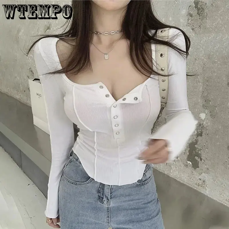 

Пикантный однотонный топ WTEMPO с длинными рукавами и пуговицами на воротнике для женщин, новый приталенный шикарный универсальный топ на вес...