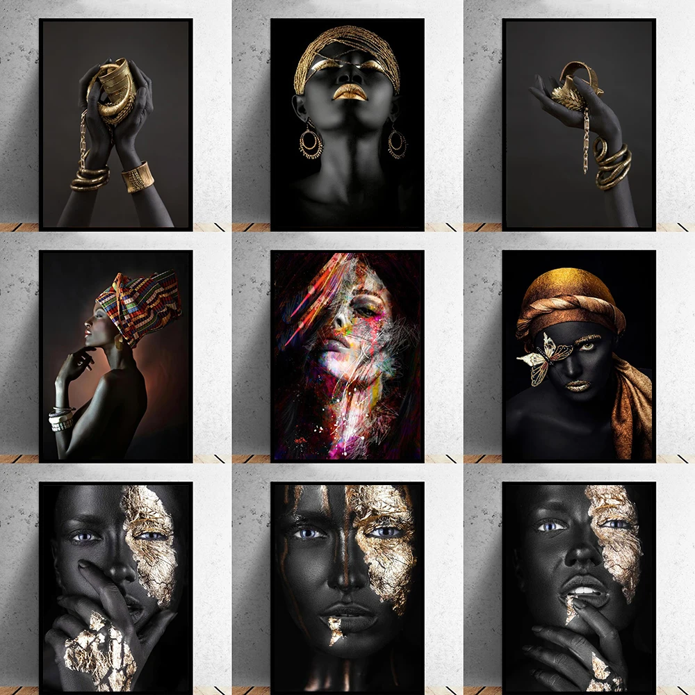 

African Woman Art Black And Gold Portrait Canvas Paintings Poster Print Wall Art Picture Home Decor For Living Room Frameless