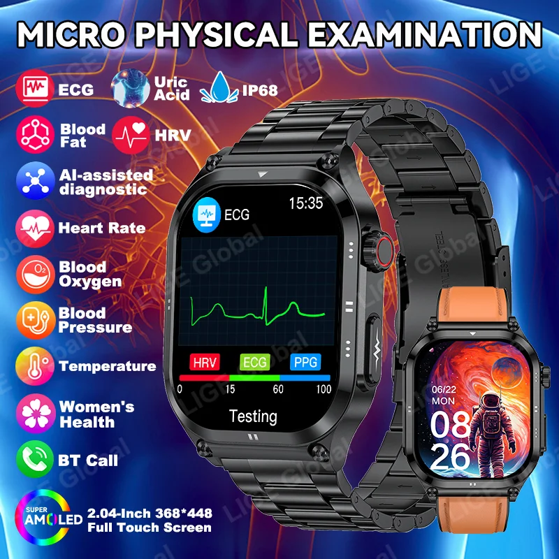 Фото LIGE 2025 ЭКГ + PPG Смарт-часы AMOLED для мужчин и женщин, термометр с мочевой кислотой и микрофизическим экзаменом, часы с трекером здоровья №1
