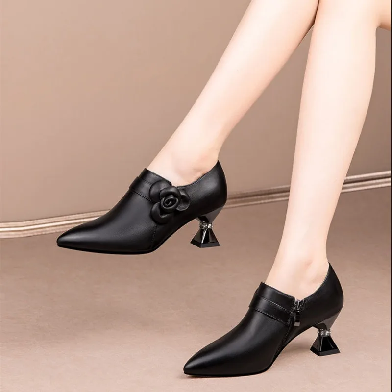 Натуральные толстые туфли с глубоким вырезом модные тонкие женские цветочным