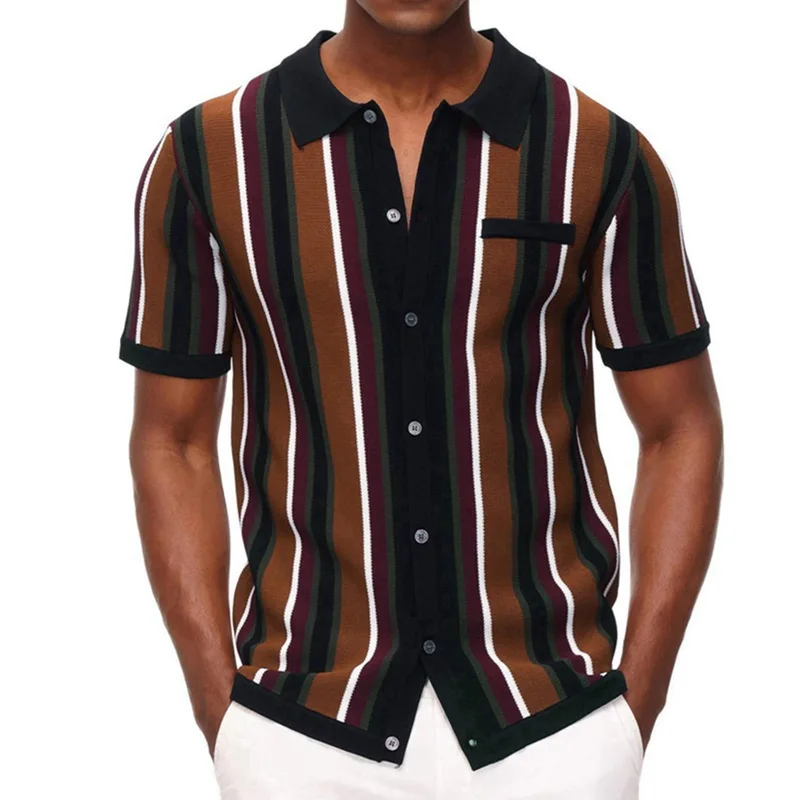 

Men's Button Cardigan Knitted T-Shirt, Short Sleeve, Lapel Stripe, Casual Polo Shirt, Street Fashion, New, Summer, 2023