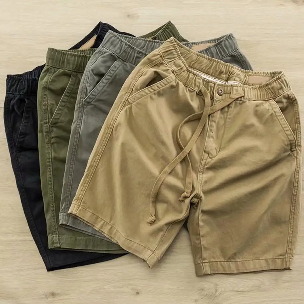 

Men Summer Shorts Solid Color Patch-Pocket Cargo Pants Loose Drawstring Elastic Waist Male Short Casual Cargo Sports Shorts
