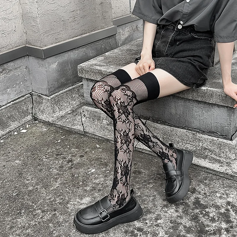 Japanese Style Black White Lace Stockings Women Floral Leggings Non-slip Mesh Hollowed JK Sweet Girls Female Fishnet Tights
