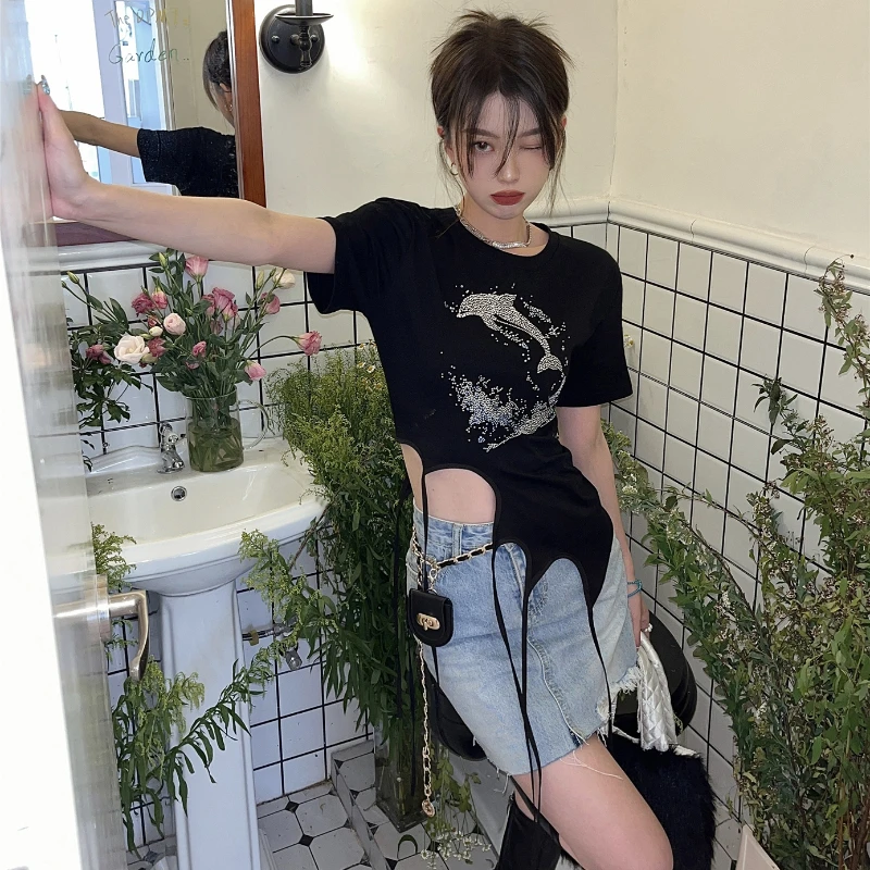 

Heavy Industry Ironing Irregular Short Sleeve Y2k T-Shirt Women's Summer Black Hot Girl Slim Chic Design Tops