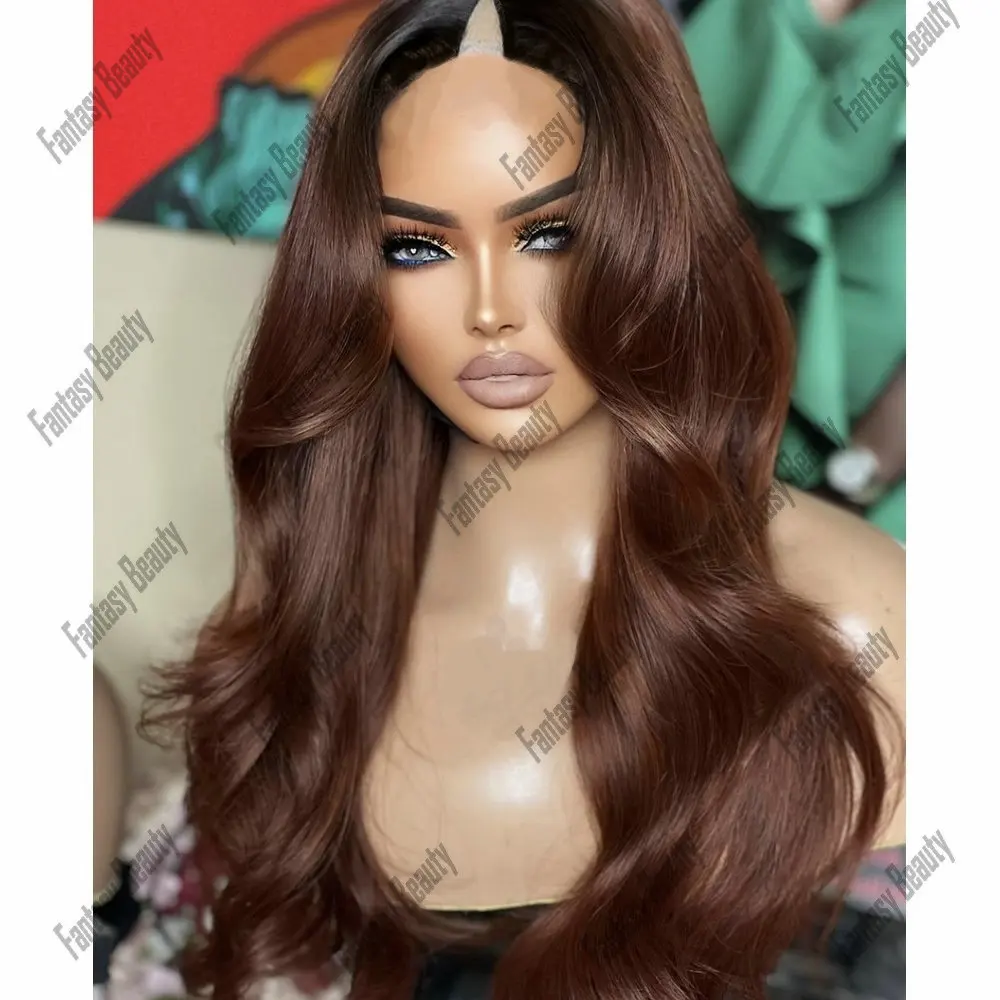 Ombre Chocalate Brown V-образный парик из человеческих волос для женщин Свободная волна