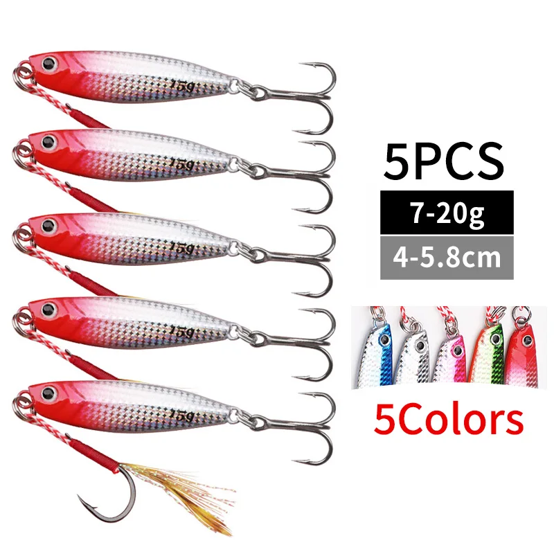 5PCS Laser Shining Fish Skin Jigs Lure Sharp Hook for Fishing Trout Bass 7-20g Long-Range Throwing Metal Spoon Artificial Bait