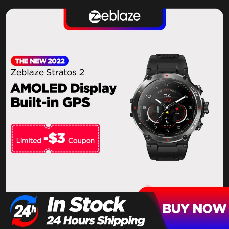 [Новый 2022] Zeblaze Stratos 2 GPS Смарт-часы AMOLED дисплей 24h монитор здоровья 5 АТМ длительный