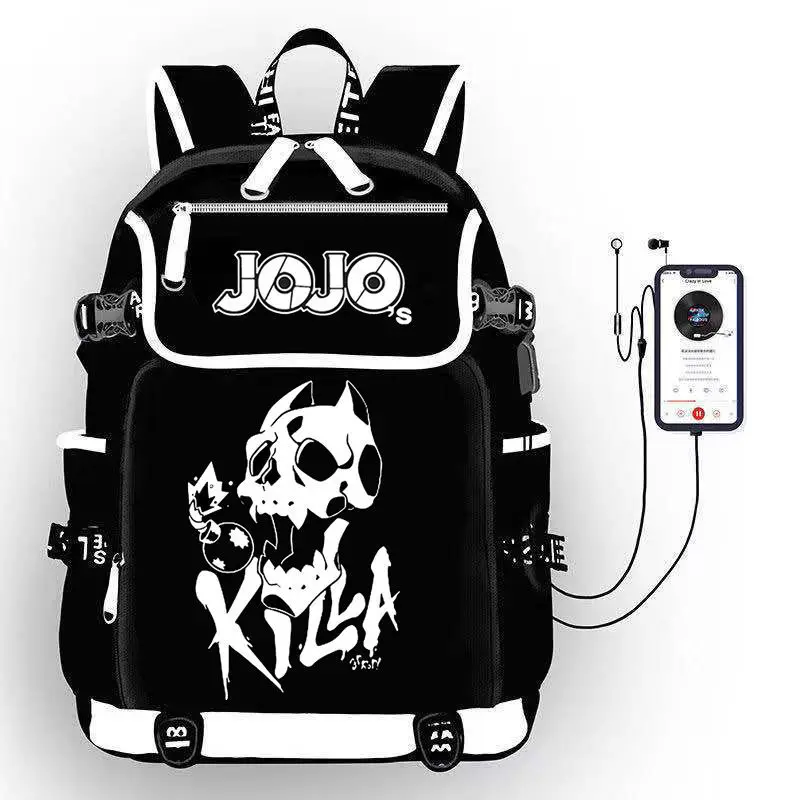 Japan Anime JoJo’s Bizarre Adventure USB Port Backpack Kujo Jotaro Travel Backpack USB Charging With Headphones Hole Student Bag enlarge