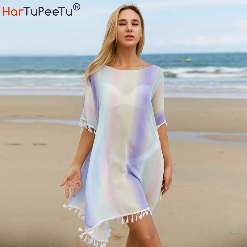 Tie-dye Bikini Cover Ups Women Loose Beach Dress Wholesale Rainbow Pullover Tops Batwing Sleeve Beachwear Vestido Mujer