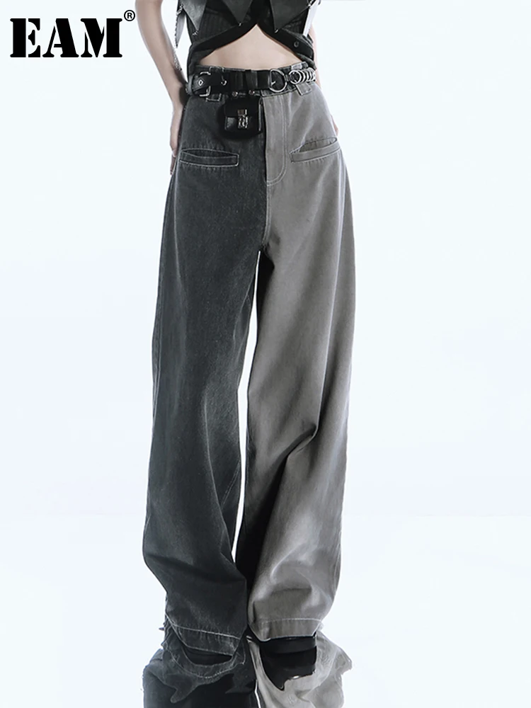 

[EAM] High Waist Gray Contrast Color Wide Leg Denim Trousers New Loose Fit Pants Women Fashion Tide Spring Autumn 2022 1DE1499