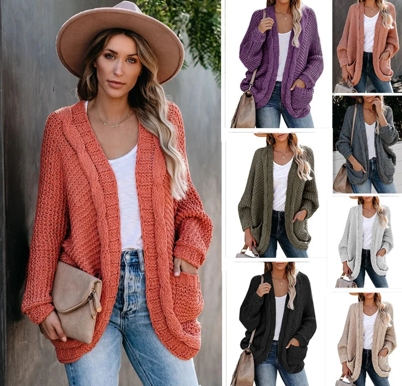 

Women's Holiday Special Winter Coat Twisted loose retro Long Cardigan 2022 Bat-sleeve cardigan with pocket for women