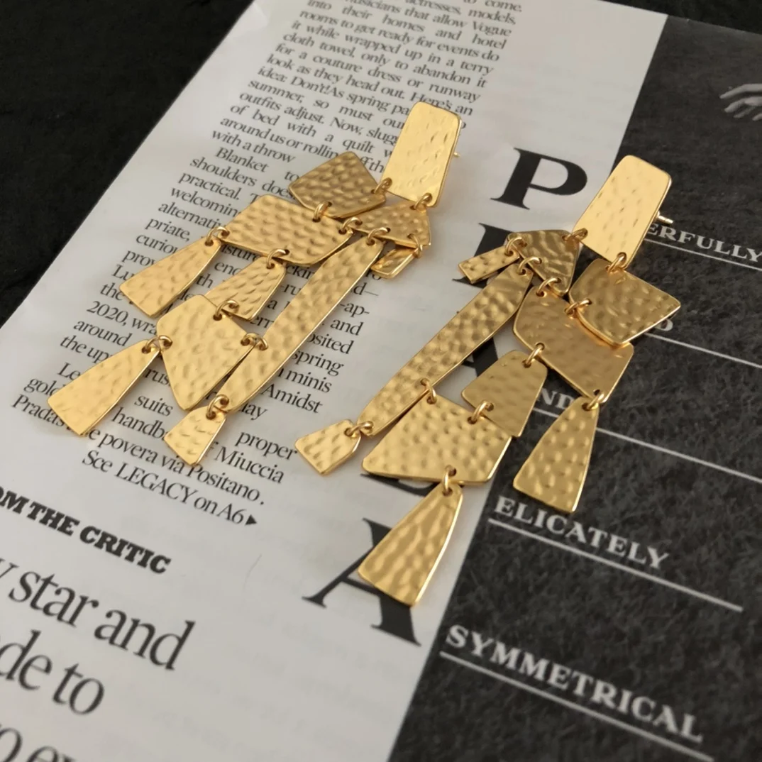 

European and American Vintage Brass Geometric Multi-Pendant Earrings