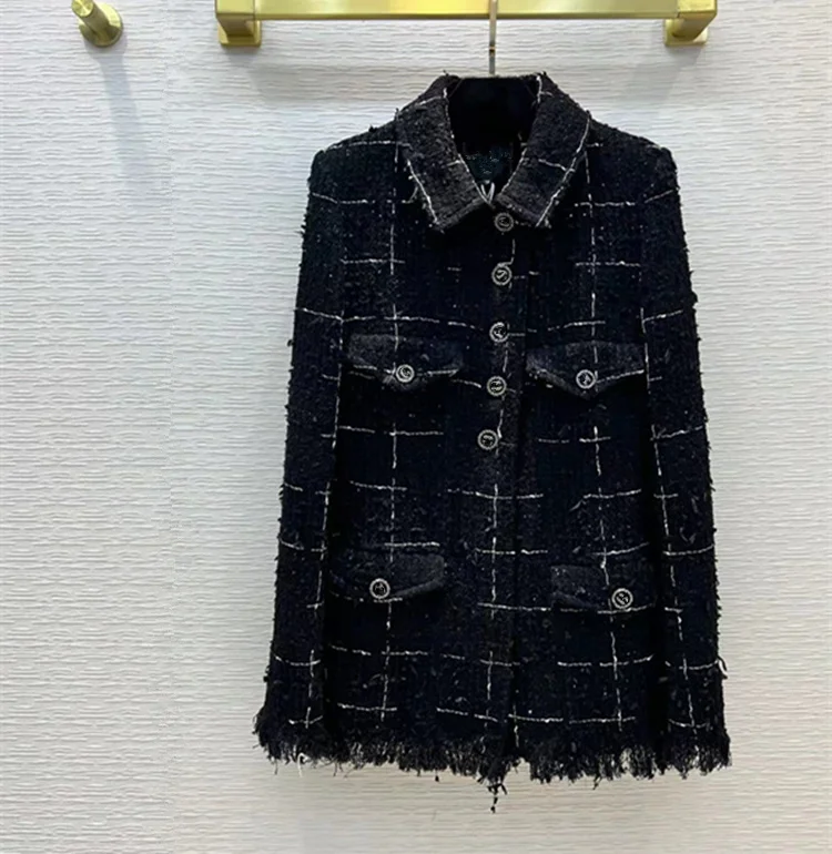 

European and American women's wear spring 2022 new Long sleeve lapel single breasted fashion Tweed black fringed coat