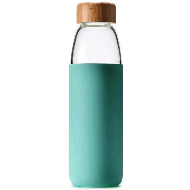 

500 Ml Simple Design Of Bamboo Cover Glass Water Bottle With Bamboo Lid And Silicone Protective Sleeve-Bpa Free