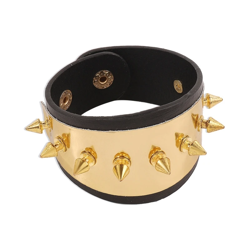 

Gold Metal Spike Bracelet Punk Rock Wide Cuffs Leather Bracelet (23cm Long) Rivets Bracelet Wristband for Women Men