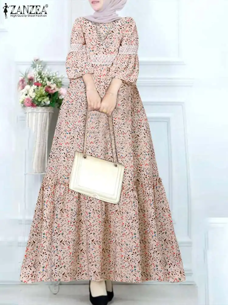 ZANZEA Eid Mubarek Muslim Sundress Bohemian Floral Printed Dress Long Sleeve O-Neck Woman Vintage Maxi Robe Ruffles Vestidos