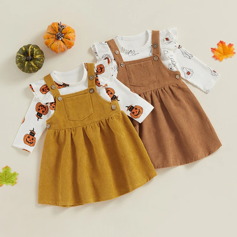 

0-18M Newborn Baby Girls Halloween Outfits Pumpkin Ghost Print Long Sleeves Romper Corduroy Suspenders Dress 2pcs Fall Clothes