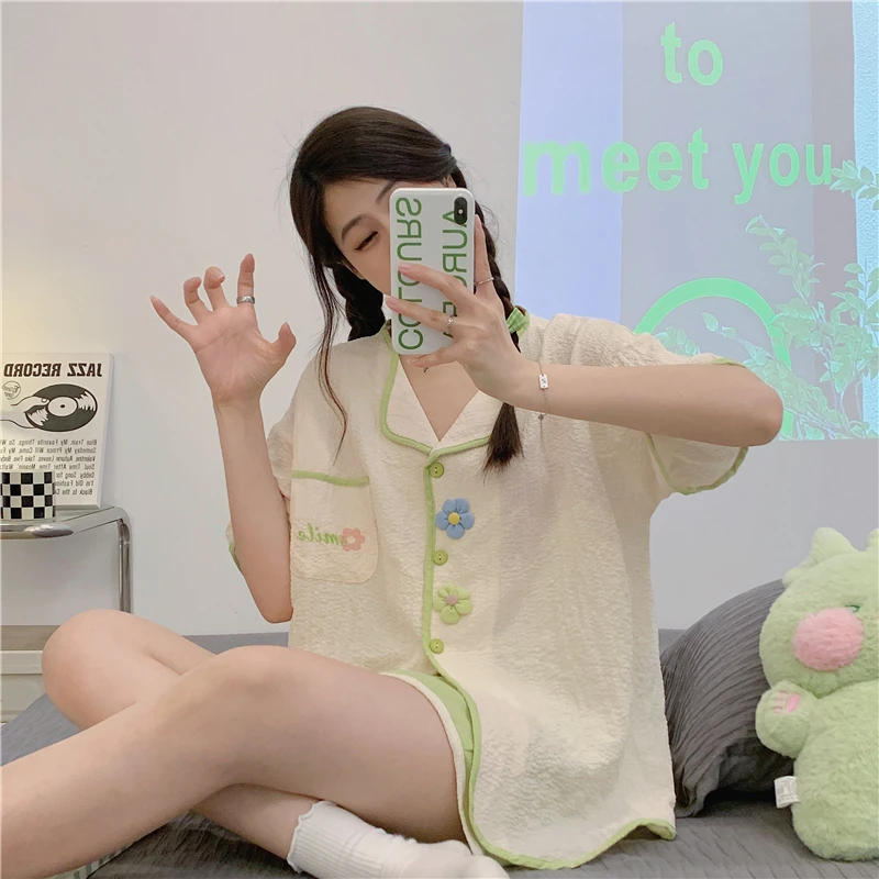 Summer Sweet Sleepwear Girl Pajamas Set Flower Women Pijamas Cotton Lapel Loungewear Lady's Pajama Clothes