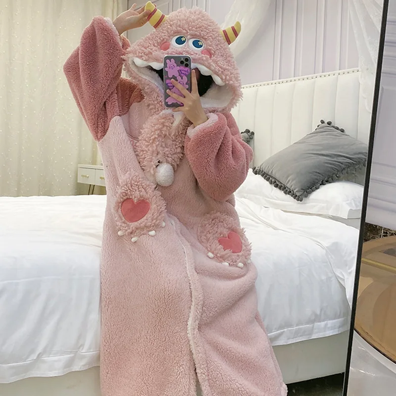 Women Sleepwear Winter Plush Pajamas Cartoon Hooded Coral Velvet Nightgown Loose Flannel Sleepdress Anime Cosplay Robe Nightwear