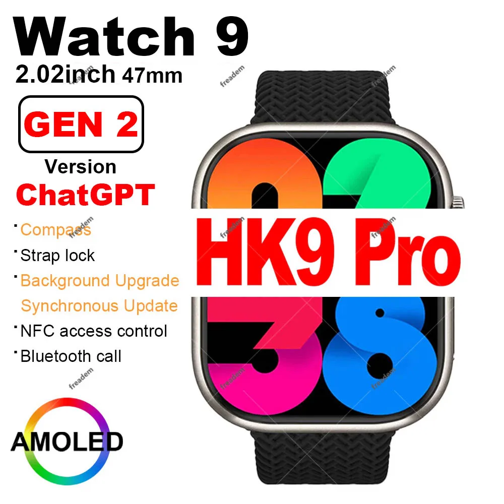 

Amoled Smart Watch HK9 PRO 2.02inch Wireless Charging Bluetooth Call Compass with Strap Lock Series 8 Smart Watch for Men Women