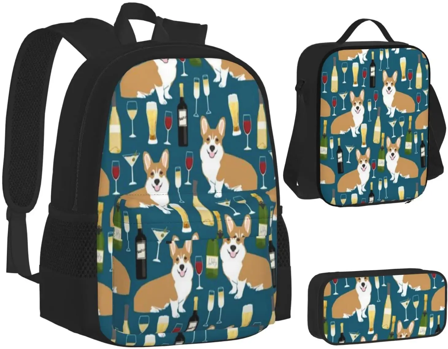 Kids School Backpack Corgis And Wine Schoolbag Travel Bag Casual Daypack Lunch Bag Pencil Case for Boys Teens Girls 3pcs Sets