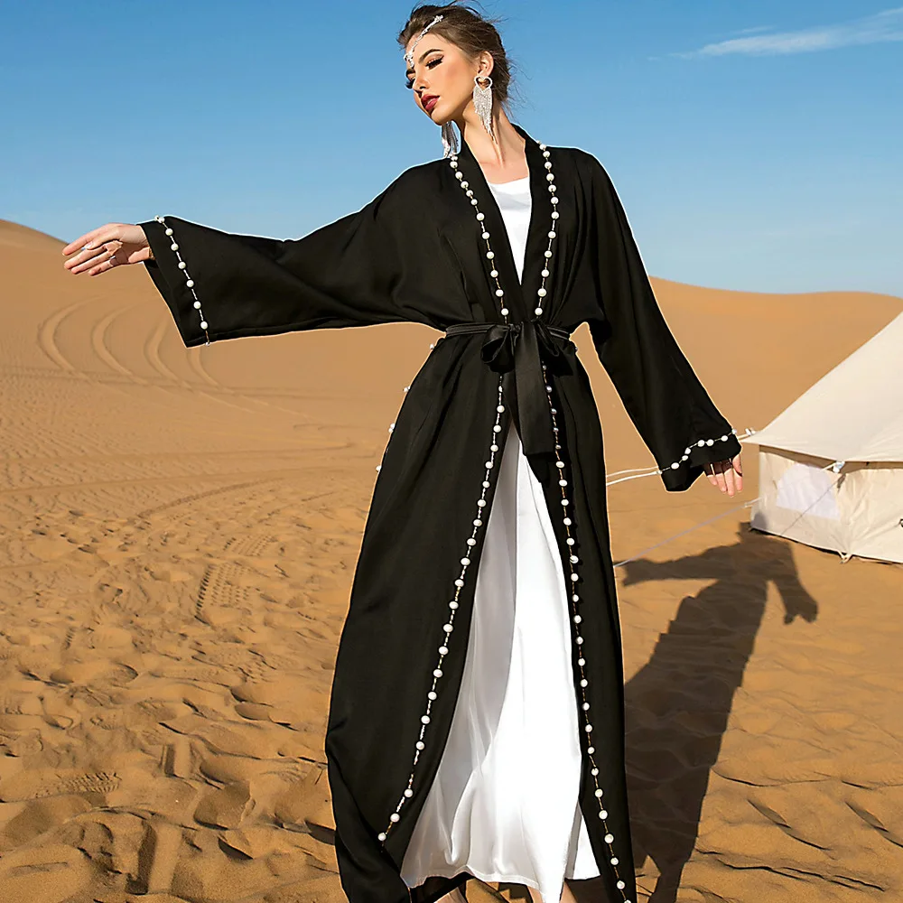 

Woman Arabian Abaya With Belt Bead Dubai Kaftan Traditional Eid Mubarak Black Saudi Arabia Muslim Femme Islamic Dresses Turkey