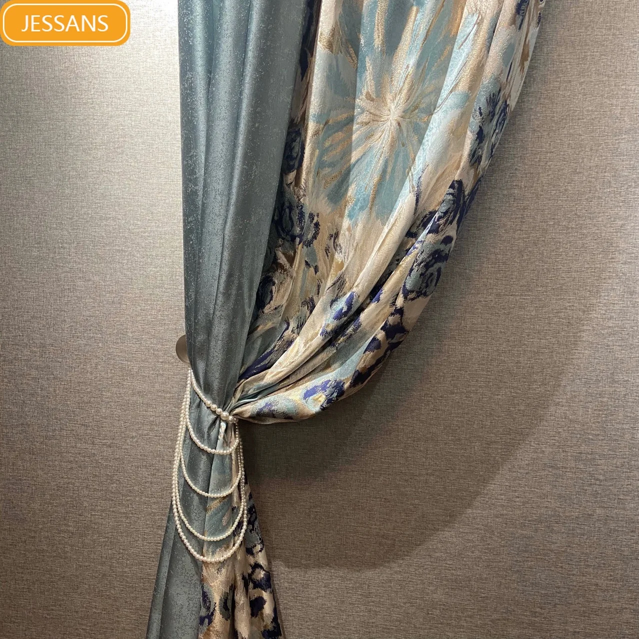 

2022 new Curtains for Living dining room bedroom light luxury fashion simple atmosphere splicing upscale Jacquard Patchwork blue