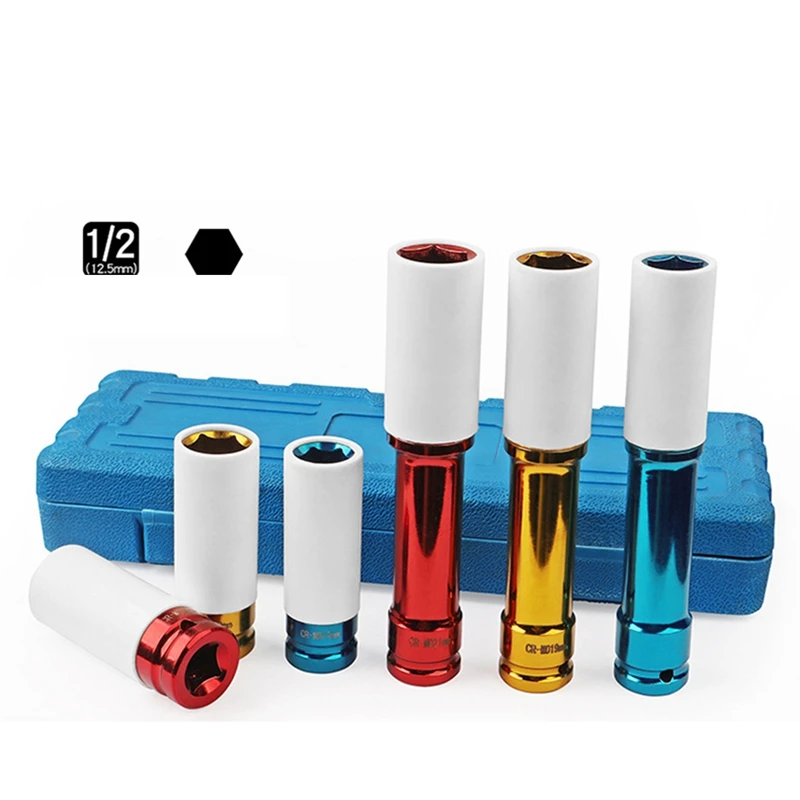 

6Pcs Lengthen Colorful Sleeve Tire Protection Sleeve Wall Alloy Wheel Car Garage Tool Deep Impact Nut Socket Set