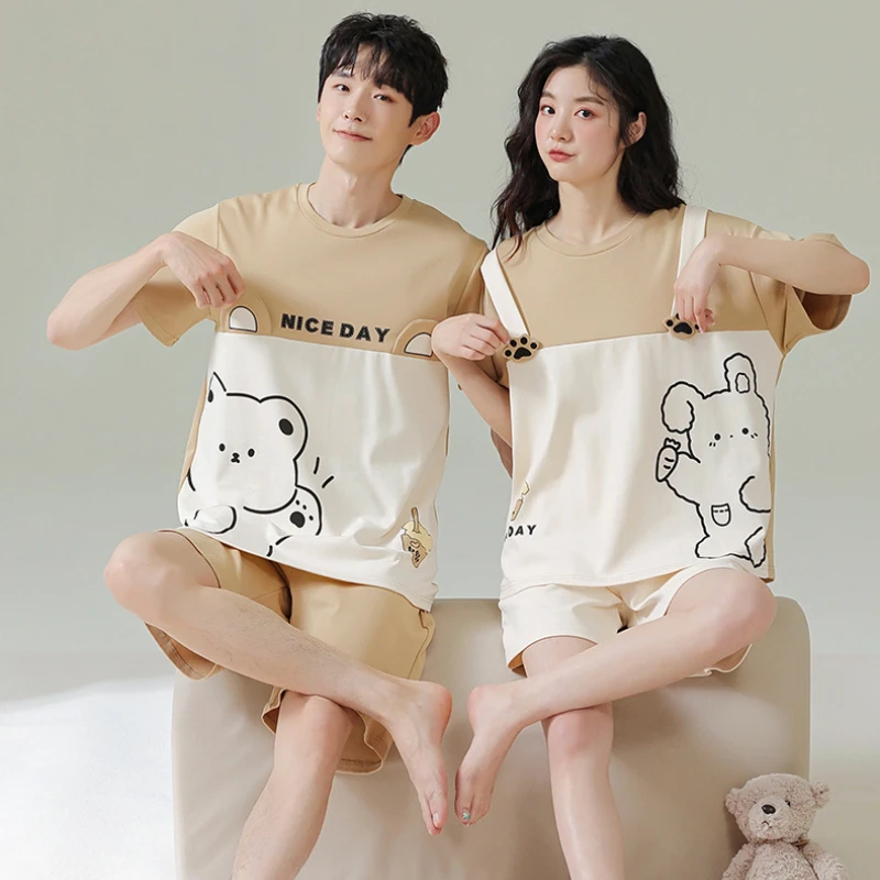 2023 New Summer Pajamas Couple Matching Pure Cotton Suit Cute Bear Sling Nightdress Home Service Soft and Comfortable Sleepwear