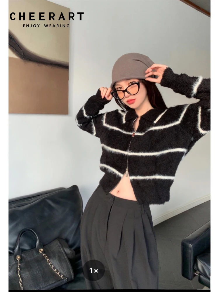 

CHEERART мохеровый черный полосатый Пушистый кардиган свитера для женщин на молнии вязаный Укороченный кардиган корейская модная одежда