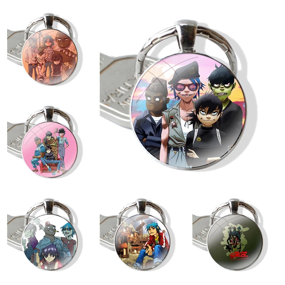 

Pendant Car Key Chains Handmade Glass Cabochon Keychain Cartoon Fashion Design Creative Gorillaz Boat Illust Music