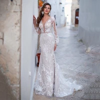 sexy backless tulle mermaid wedding dresses 2022 long sleeve elegant lace v neck bridal gown for woman vestidos de novia