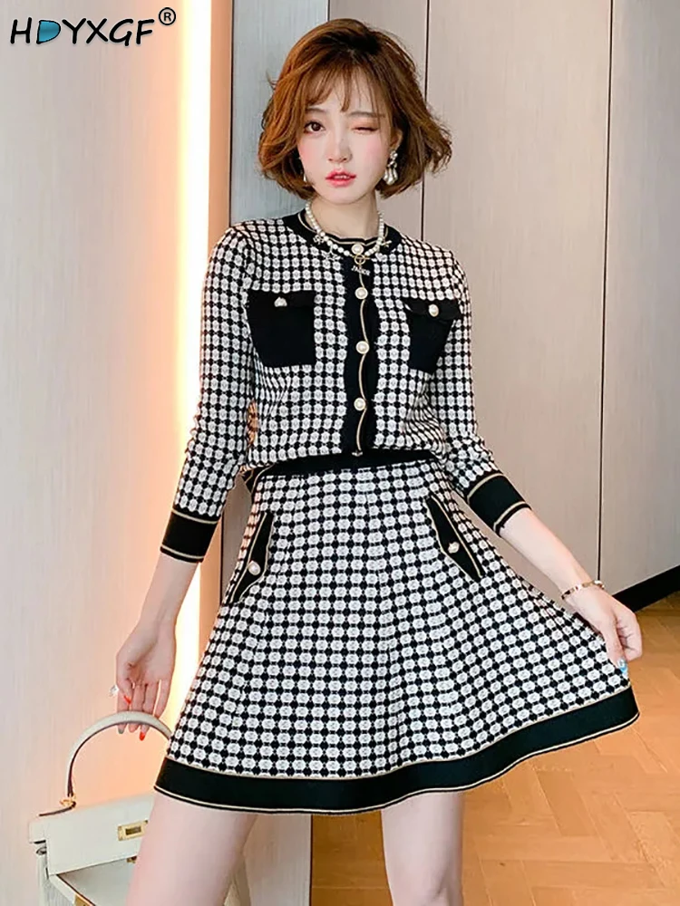 

Однобортный клетчатый топ с круглым вырезом и карманами, короткая мини-юбка с высокой талией, весна-осень 2023, новые женские повседневные Костюмы