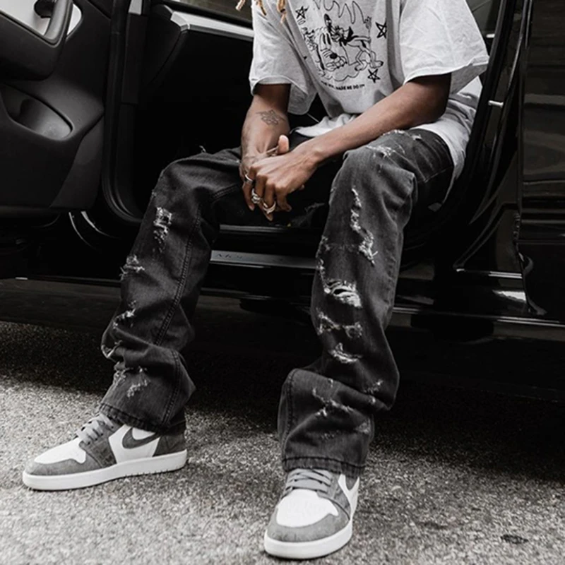 

Harajuku Hole Ripped Retro Jeans Mens Pants Streetwear Straight Washed Casual Denim Trousers Loose Vibe Style Jean Pants