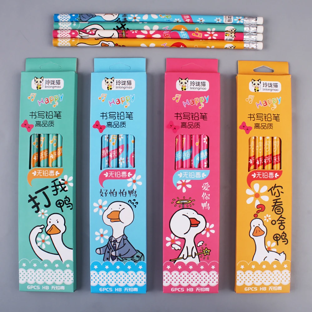 

6Pcs/Set Cute Cartoon Aniamal Duck HB Standard Pencil with Eraser Student Drawing Pencil Kawaii Stationery School Supplies